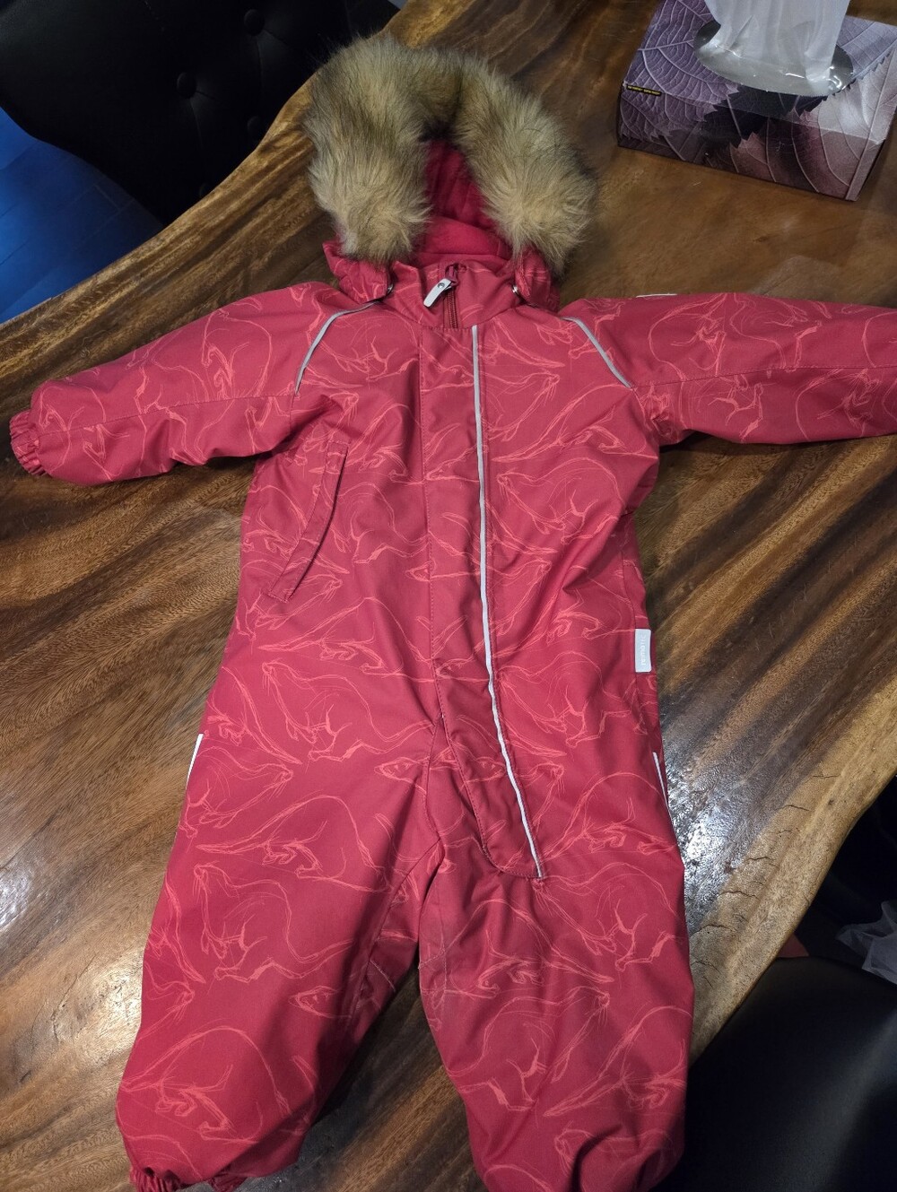 Reima Kids Red One-Piece Snowsuit with Faux Fur Hood